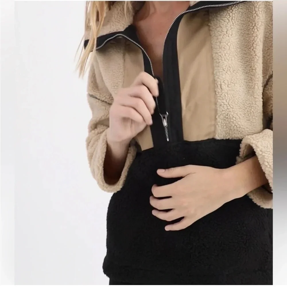 Something Navy Two-Tone Sherpa Pullover Jacket in Beige and Black - Picture 5 of 12